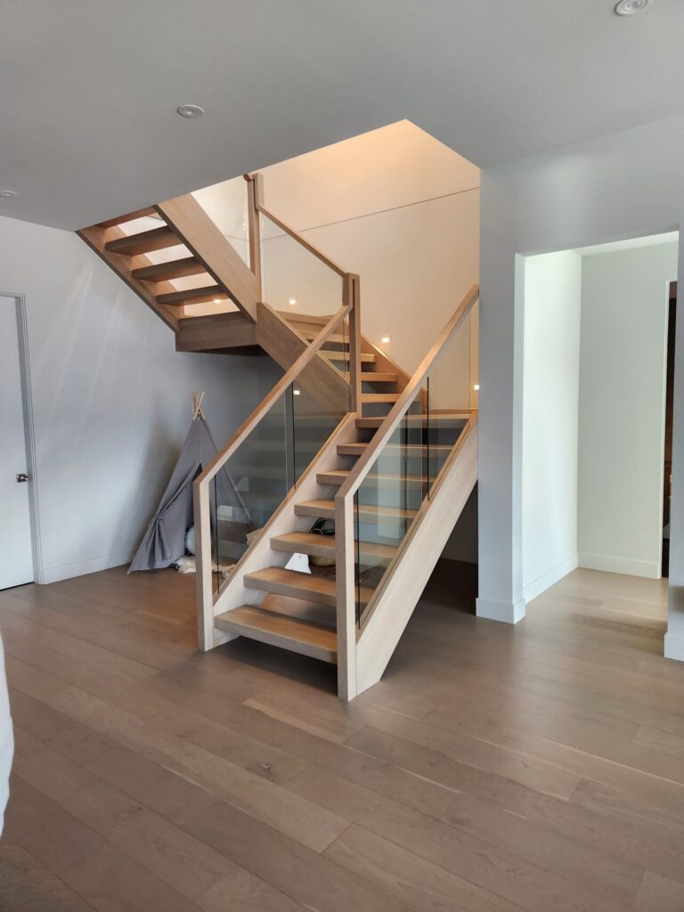 Housed Oak Stairs Open Rise Glass Railing Wood Top Rail Posts