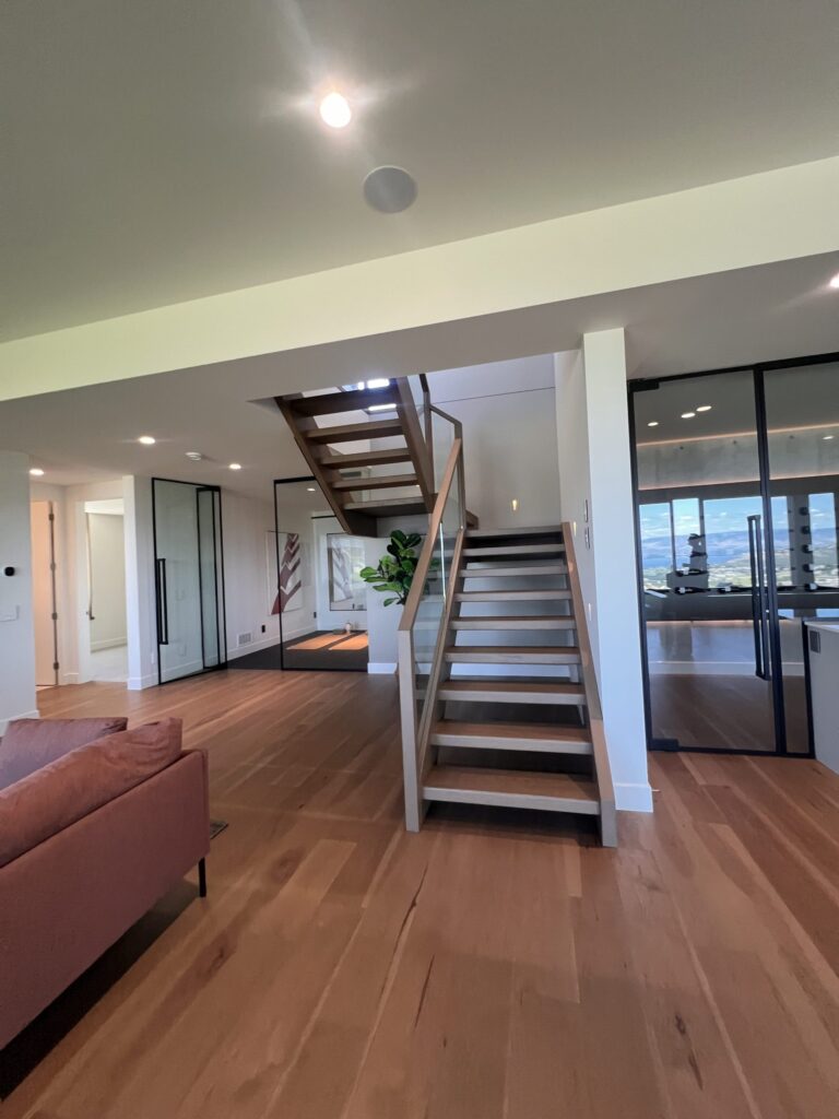 Glass Rail Wood Top Rail Wood Treads Open Rise Staircase