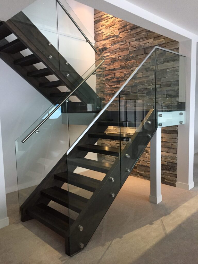 Interior Staircase Wood Treads Open Rise 12mm Glass Railing Standoffs