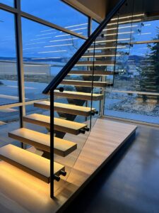 Open Rise Floating Staircase with lights and glass railing